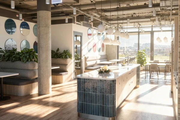 Kuchyňka a společná zóna kanceláří Aeven po úklidu kancelářských prostor
