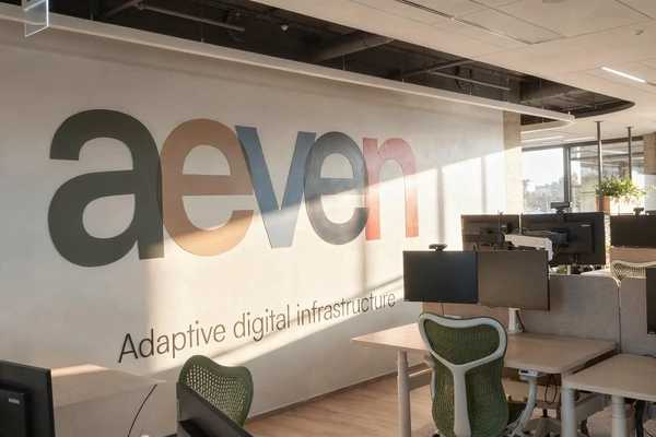 Open space kanceláře Aeven s logem společnosti po pravidelném úklidu
